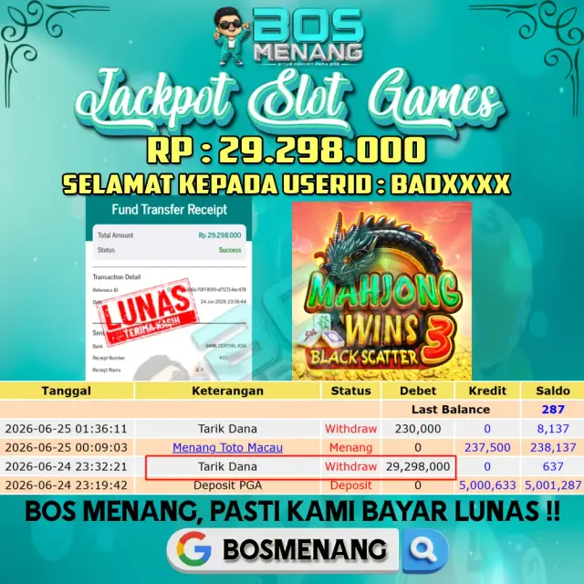 Tanggal 24 JUNI 2026 - JACKPOT SLOT GAMES - Mahjong Wins 3 - Black Scatter  (Pragmatic Play) Rp 29.298.000,-