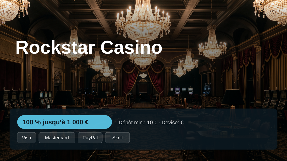 Rockstar Casino — bonus de bienvenue 100 % jusqu’à 1 000 € + 400 FS, paiements: Visa, Mastercard, PayPal, Skrill, Neteller