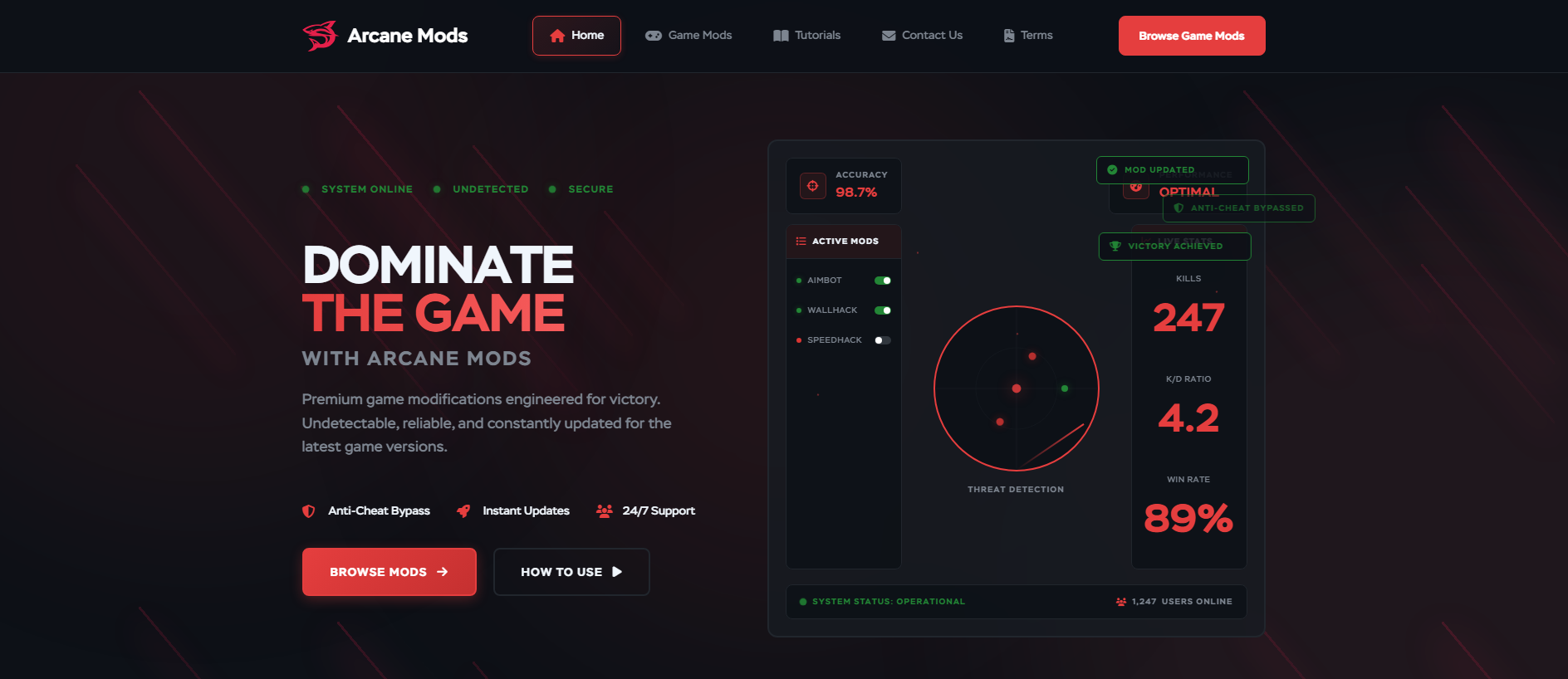 Forensic screenshot of arcanemods.pro showing the phishing page layout
