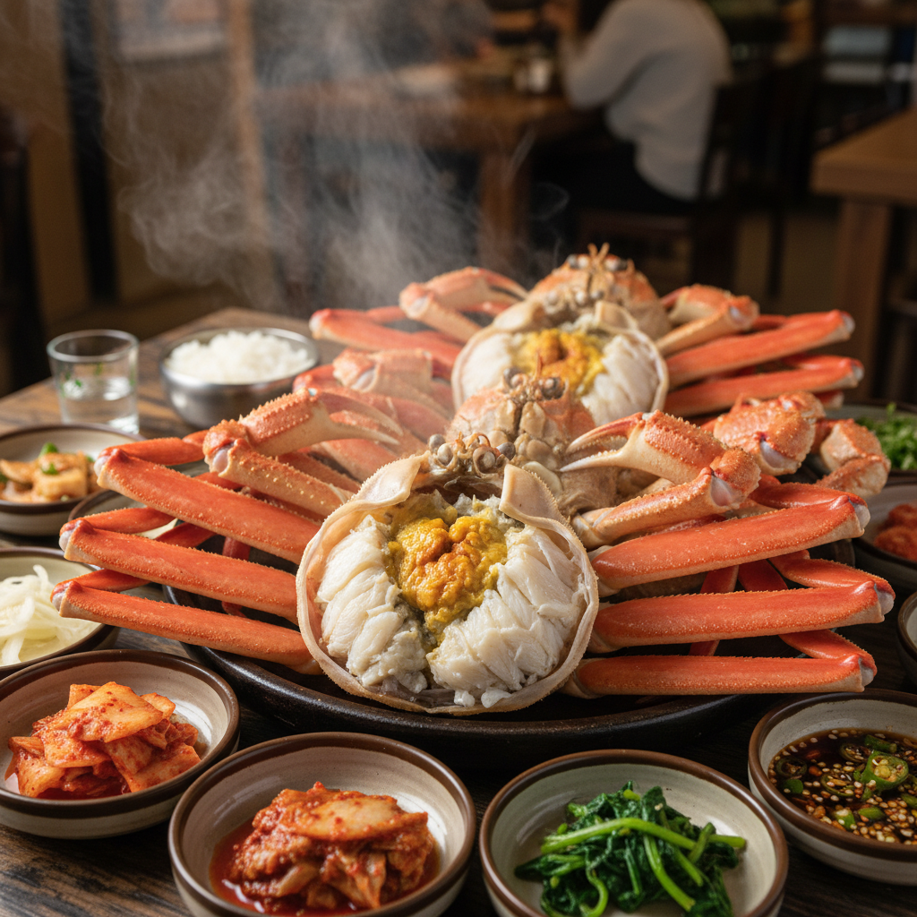 살이 꽉 찬 영덕대게 찜 요리와 현지 식당 상차림