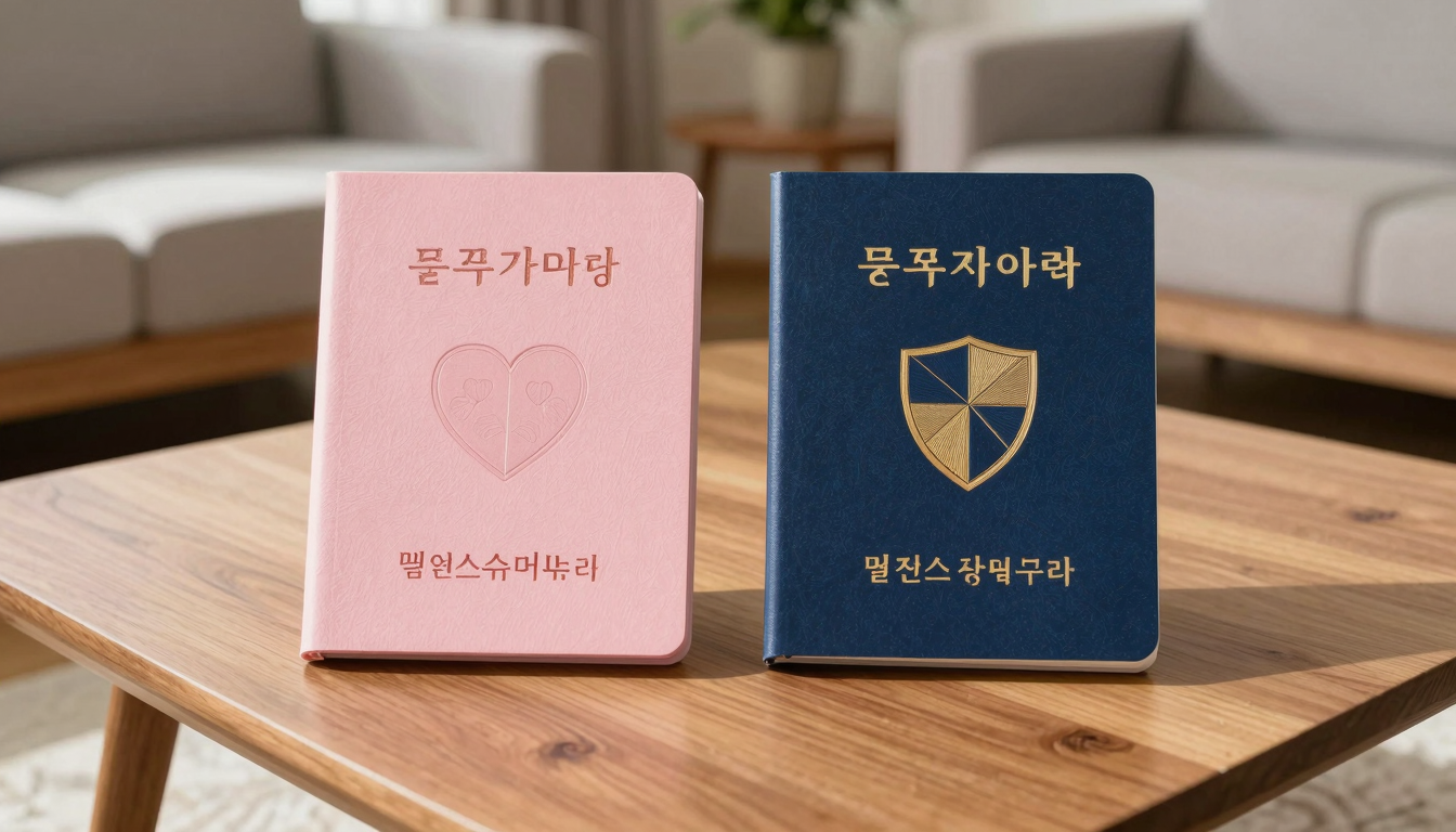 햇살 비치는 거실 탁자 위에 하트 무늬 분홍색과 방패 무늬 남색 전세보증서가 나란히 펼쳐져 있다.