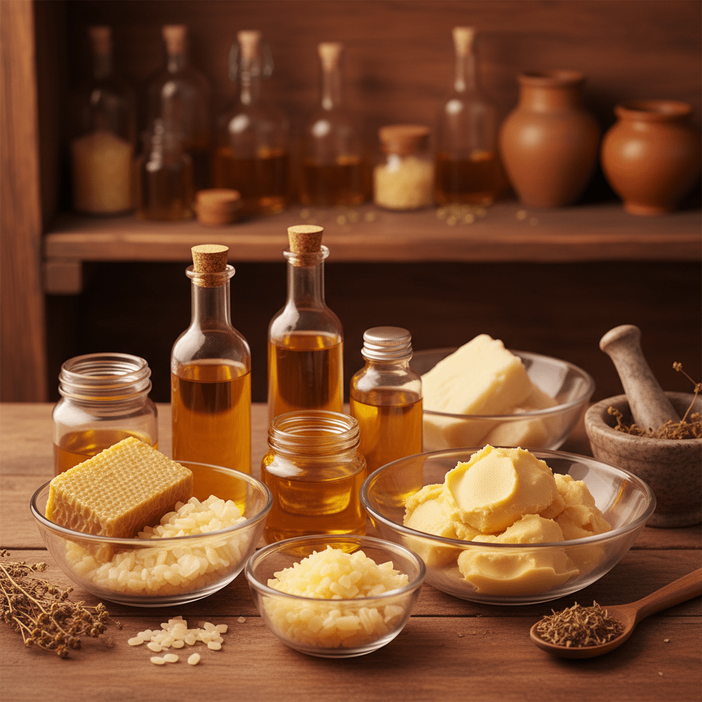 DIY natural hair pomade ingredients arranged in glass bowls and jars with warm studio lighting
