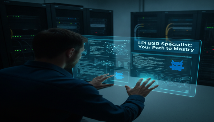 An IT professional interacting with a holographic display showing complex BSD system data and network diagrams, symbolizing mastery of the LPI BSD Specialist exam (702-100).