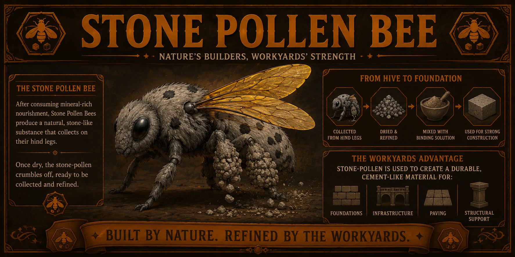 Stone Pollen Bees, spotted migratory bees that produce a stone-like substance used for construction.
