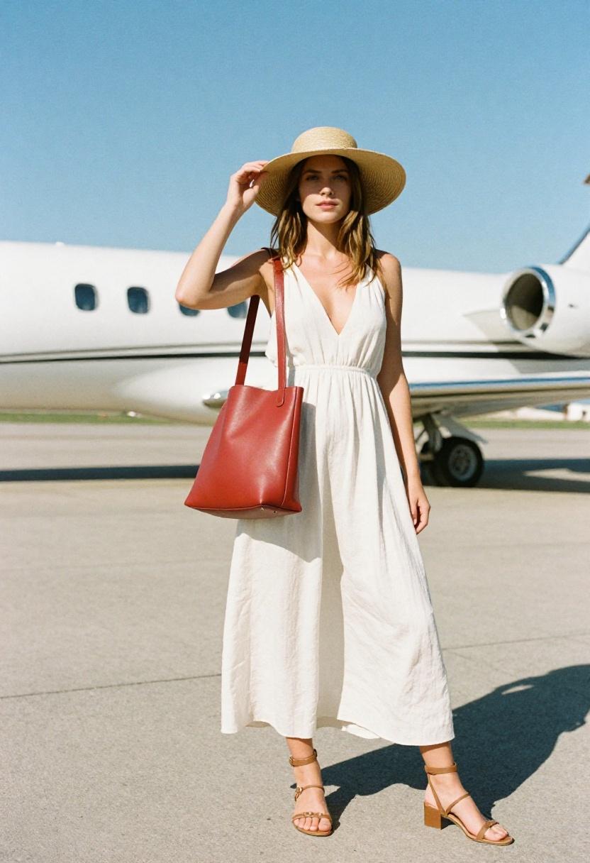 Woman in flowing linen midi dress with terracotta leather crossbody bag showing jet-set elegance