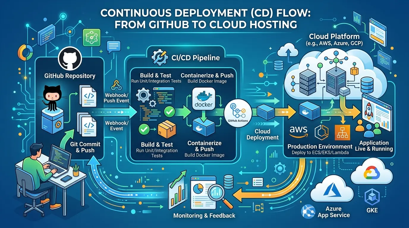 Ilustración del flujo de despliegue continuo desde GitHub hacia plataformas de hosting en la nube