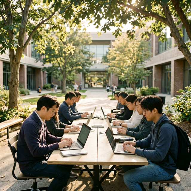 Google headquarters campus in Mountain View California, engineers working at laptops in an outdoor courtyard, afternoon sunlight through tre