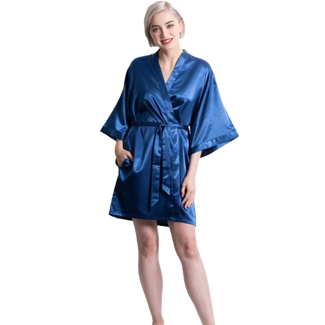 Satin Kimono Midnight Blue Short Robe for Women (Small/ Medium)