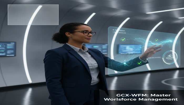GCX-WFM: Master Workforce Management A focused professional interacting with a holographic display showing Genesys Cloud workforce management data, schedules, and progress, symbolizing GCX-WFM certification preparation and expertise.