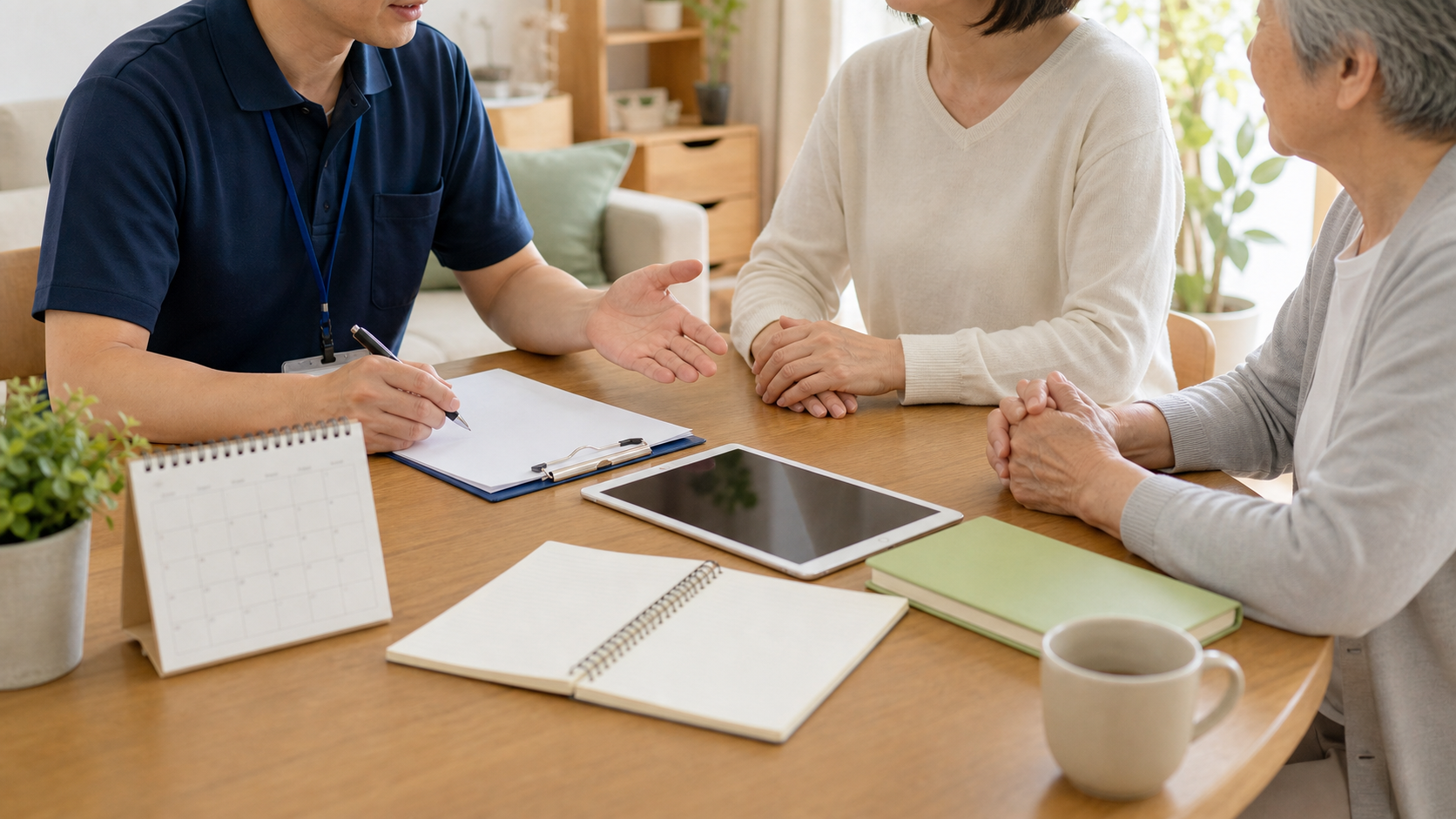本人と家族と専門職が在宅生活の支援内容を相談しているイメージ