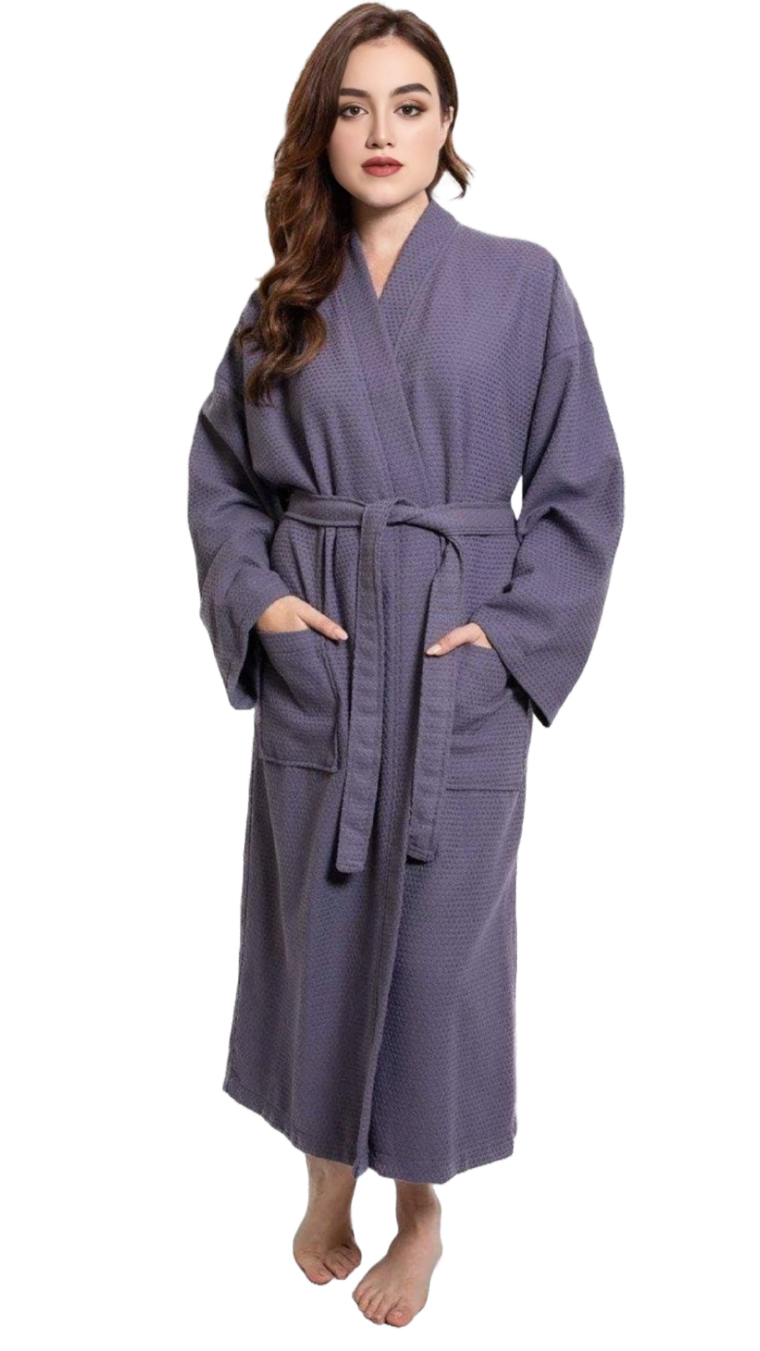 100% Turkish Cotton Women's Waffle Kimono Bathrobe-Gray (One Size) view 2