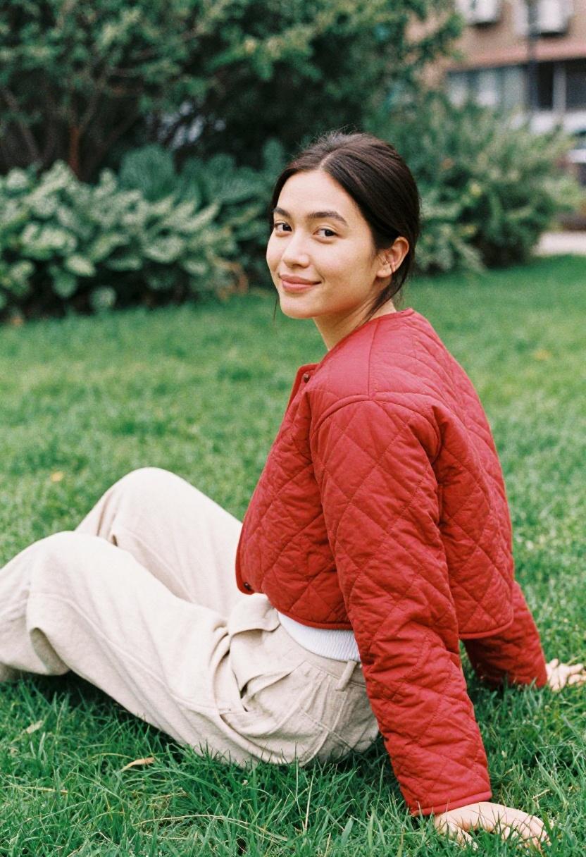 Cherry red quilted jacket over white tank top and linen trousers for a relaxed garden afternoon