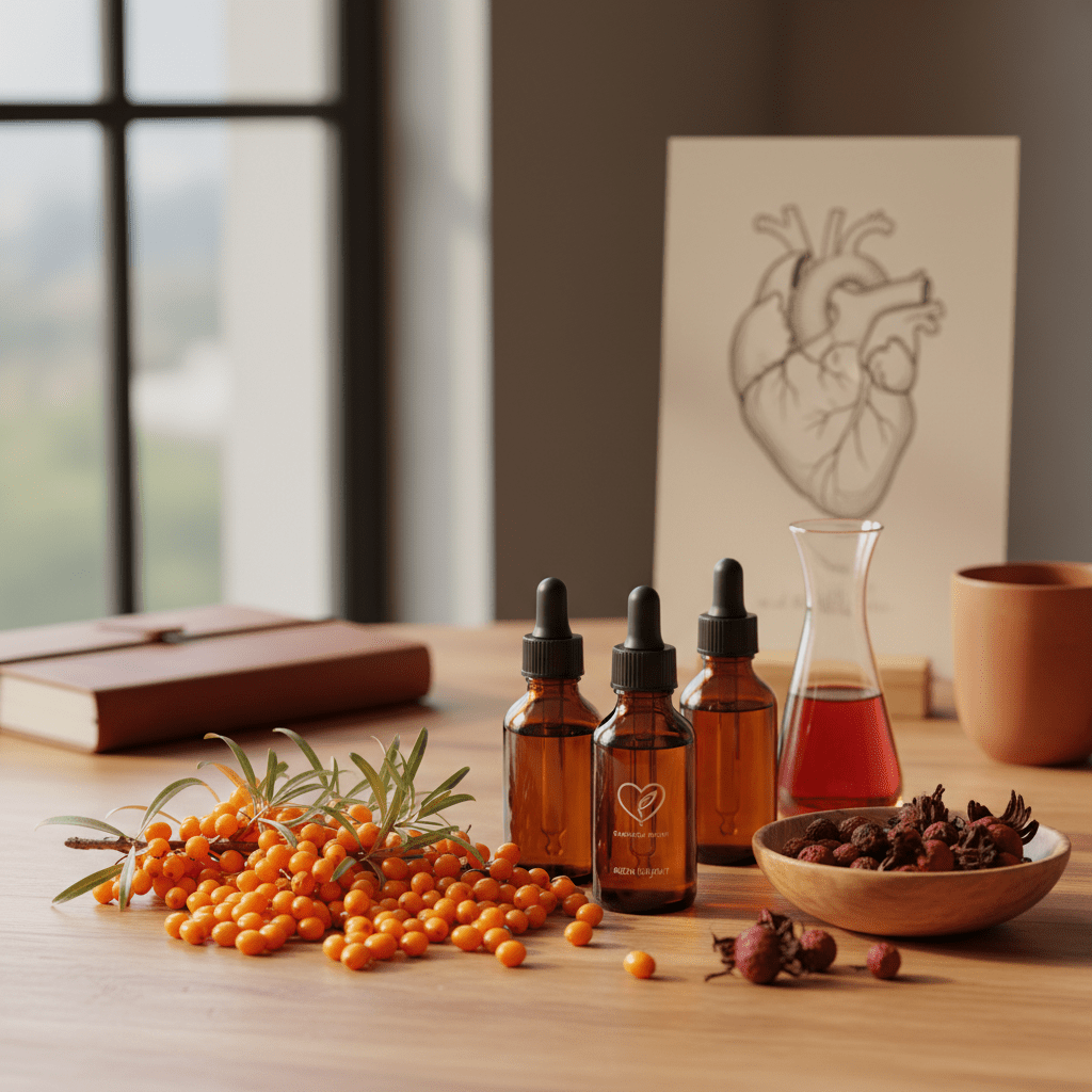 Sea buckthorn oil and heart health wellness still life