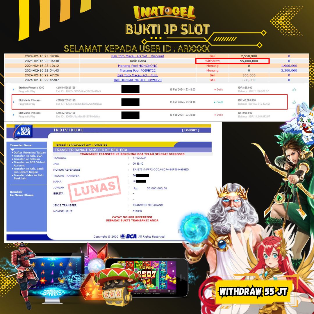 BUKTI PEMBAYARAN JP SLOT MANIA PRINCESS Rp55,000,000,- LUNAS