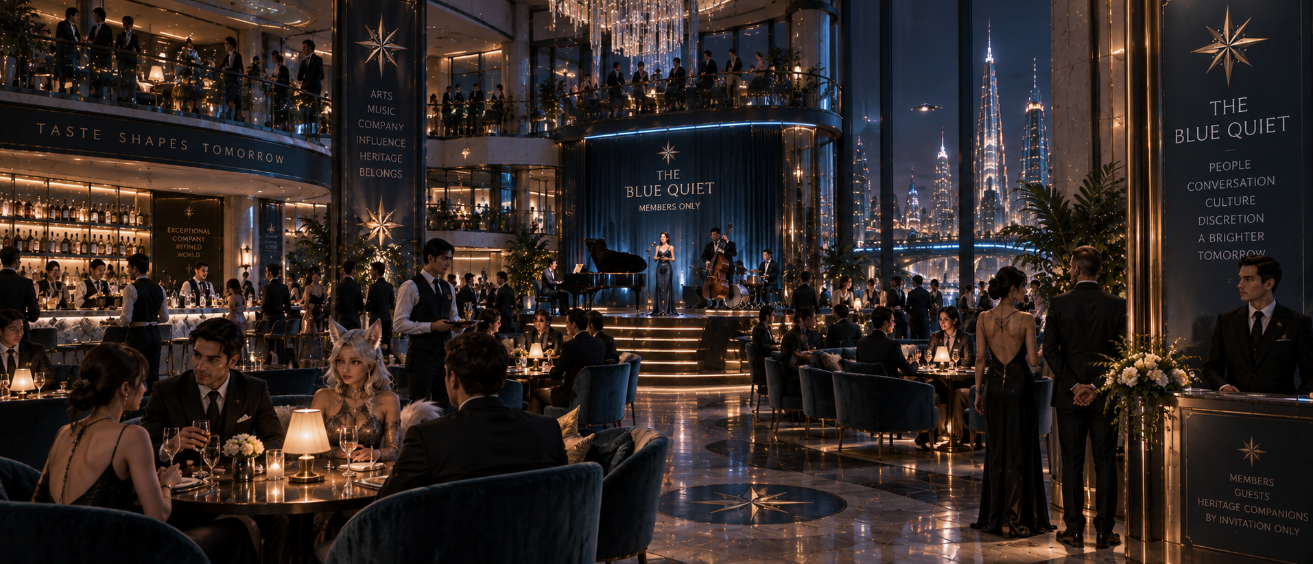The Blue Quiet private club, an exclusive gathering place for Aurelo Prime's political and corporate elite.