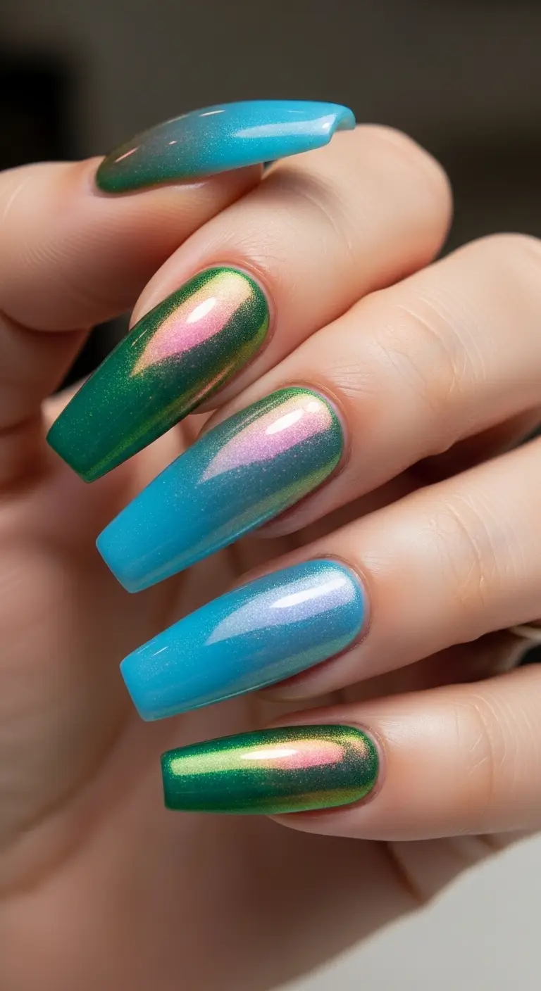Jade and Sky Blue Mermaid Iridescent Coffin Nails