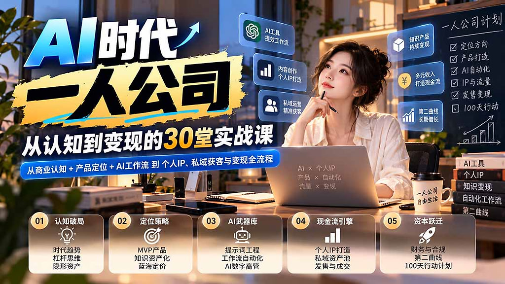 AI时代一人公司30堂实战课：从商业认知+产品定位+AI工作流到个人IP、私域获客与变现全流程