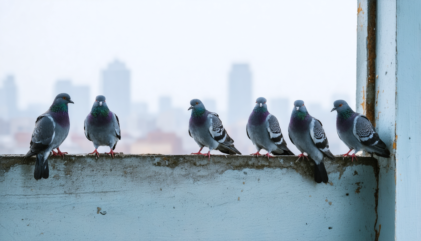 Several pigeons resting on a narrow concrete window ledge high above a hazy grey city, untroubled by the drop below them.