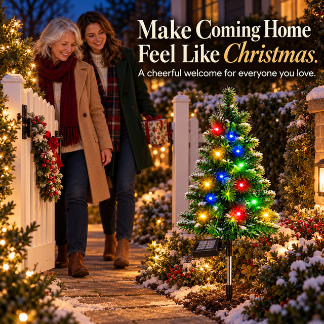 Family arriving home beside a welcoming display of colorful solar Christmas trees