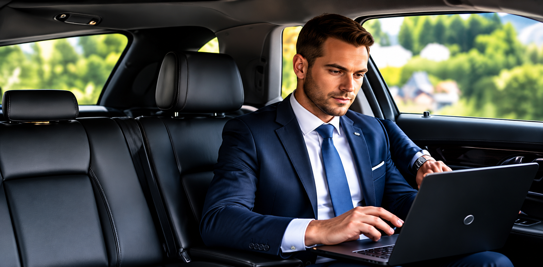 Zakenman werkt onderweg achterin een luxe taxi
