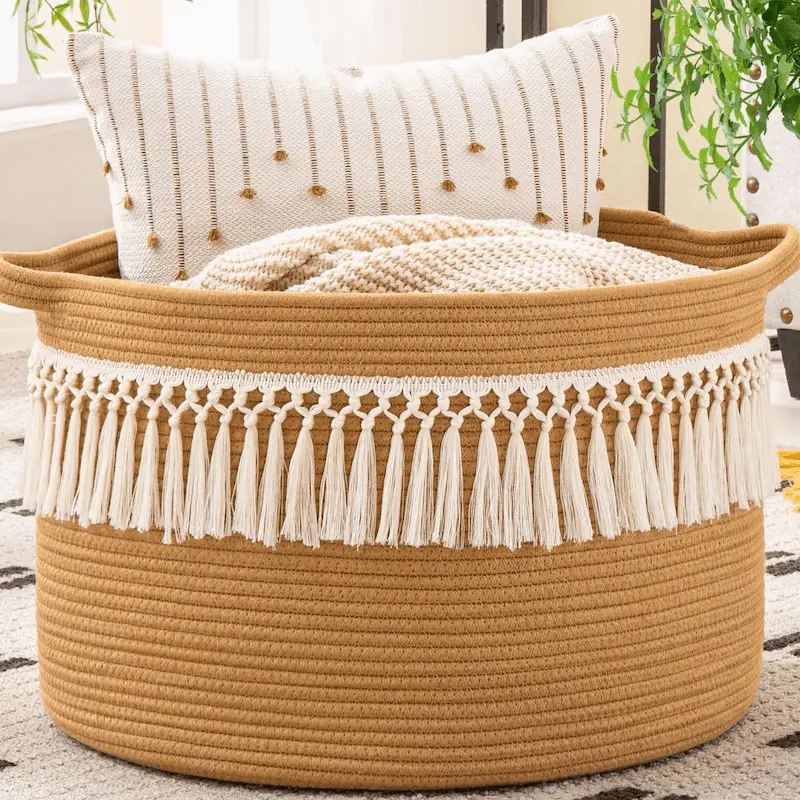 KAKAMAY Large Woven Blanket Basket 20×13″ | Cotton Rope Storage for Living Room & Nursery