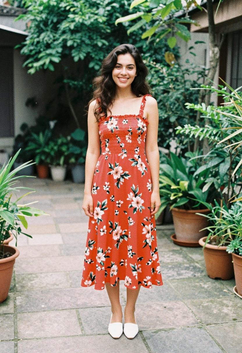 Tangerine floral sundress with smocked bodice bringing vibrant spring energy to a charming stone garden patio