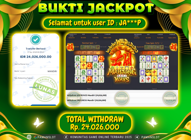 Selamat kepada Member PAMANSLOT Game Mahjong Ways : JA***P