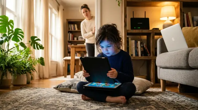 Young child holding glowing tablet close to face in warmly lit living room, contemplative mood