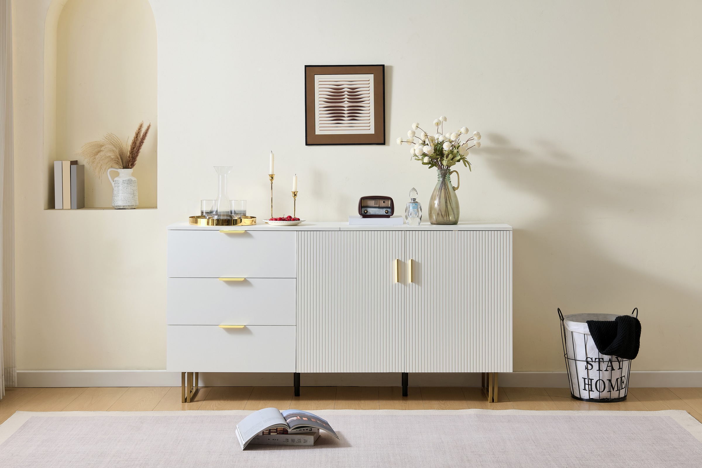 Buffet Blanc, 3 Tiroirs, 2 Portes, Rangement, Design Moderne, Structure Robuste - Panneau composite de fibres de bois à densité et Métal - 160x40x81.5cm 2