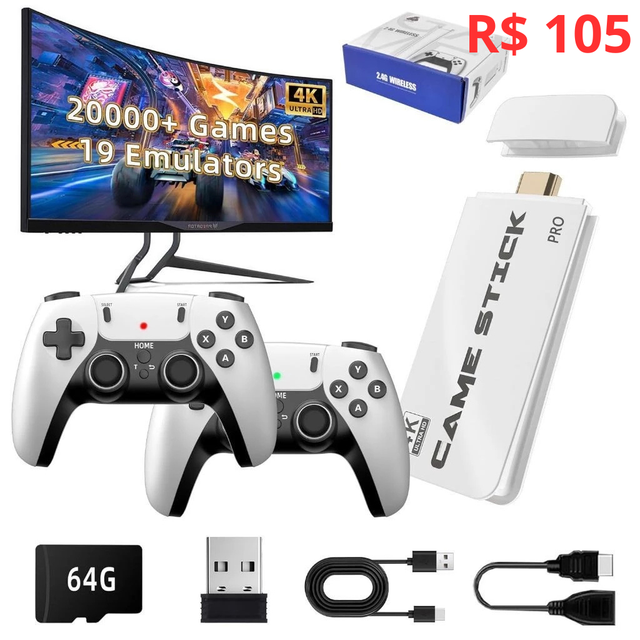 2025 NOVO Vídeo Game Stick M15 Pro 4k 64gb Hdmi Com 2 Controles Se Fio +20mil Jogos