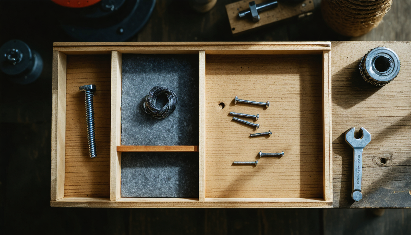 A worn workbench in low light with scattered mechanical components laid out but incomplete, a few empty slots where parts should be.
