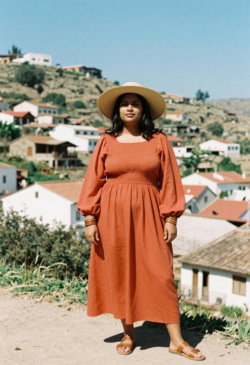Plus size woman in terra-cotta smocked peasant maxi dress against sun-bleached hillside buildings