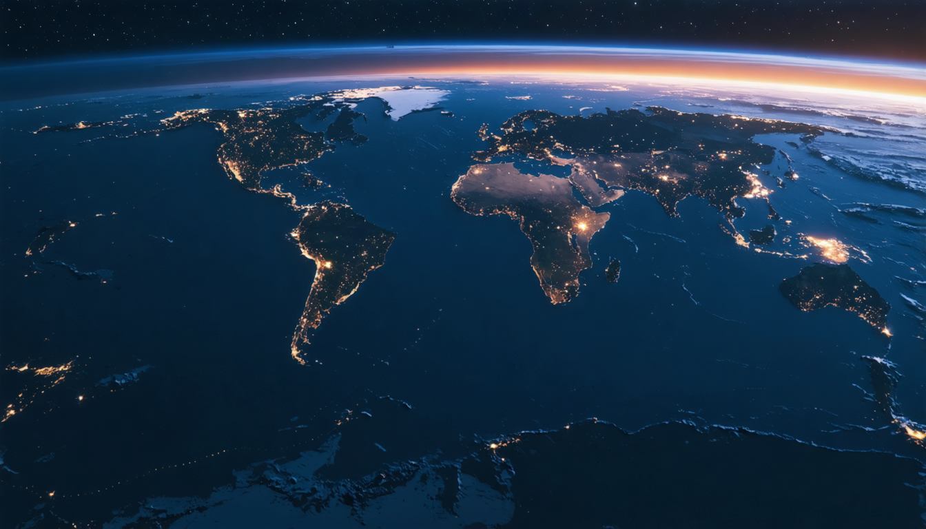 Aerial dusk view of an immense landmass threaded with converging rail lines glowing faintly, with a small island at the far margin.