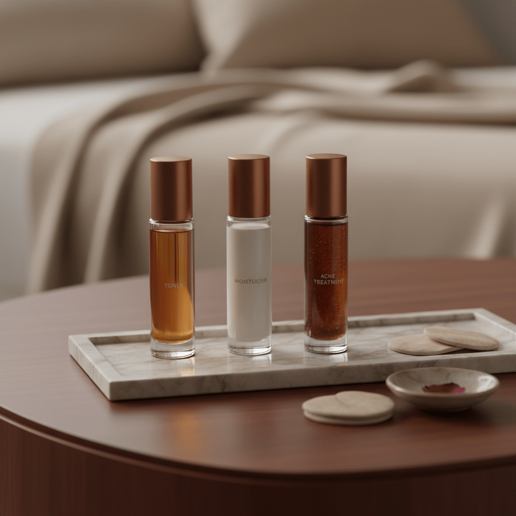 Elegant skincare routine with toner, moisturizer, and acne treatment on a vanity