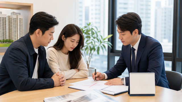 부동산 매매계약 해제 신고를 위해 계약서를 확인하는 매수자와 매도자, 공인중개사