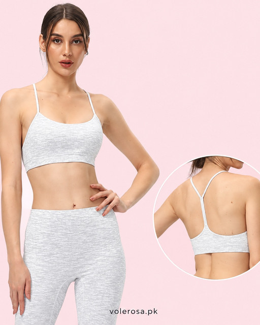 Marl Y-Back Strappy Sports Bra Set – Space-Dye Heather Grey Activewear, Front view