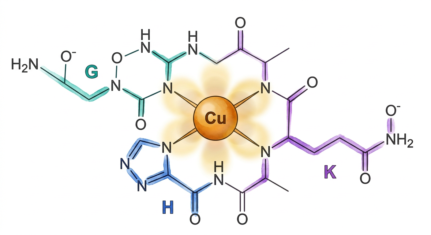 Scientific molecular diagram of GHK-Cu tripeptide copper complex showing square-planar chelation geometry with glycine, histidine, and lysine residues coordinating the central copper(II) ion