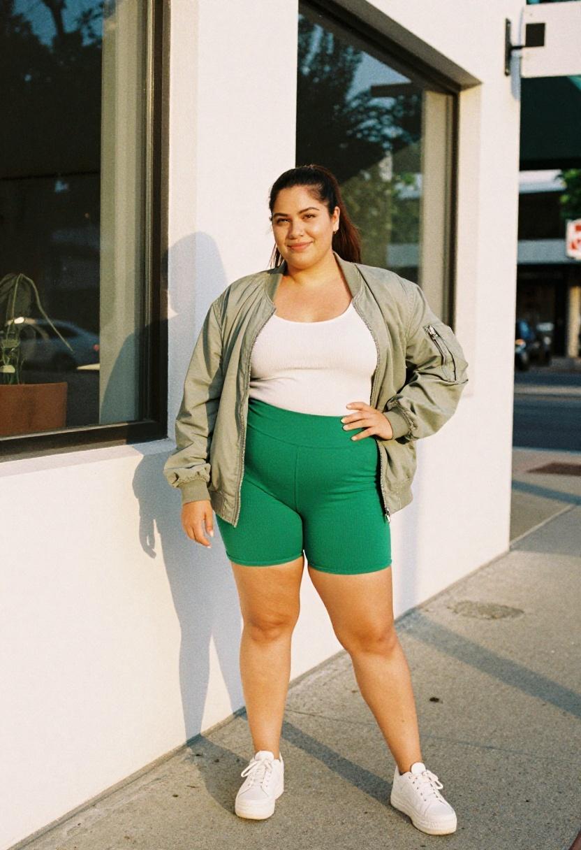 Plus size woman in emerald green bike shorts with ribbed white tank and sage green bomber jacket in golden light