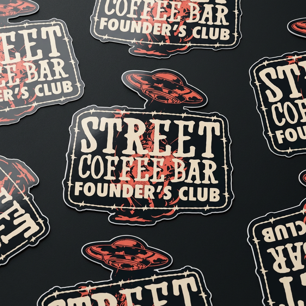 Street Coffee Bar Founder's Club sticker with western lettering and flying-saucer artwork