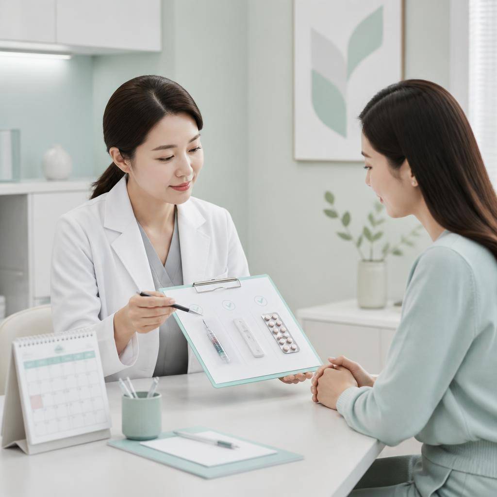 산부인과 의사와 환자가 마운자로 투여 기록, 임신 테스트 결과, 피임 계획을 함께 확인하는