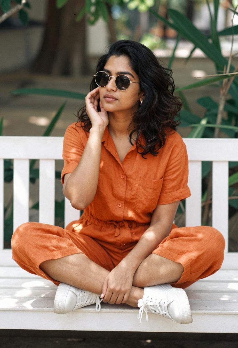 Burnt orange linen co-ord with chunky platform sneakers in a sun-soaked patio setting
