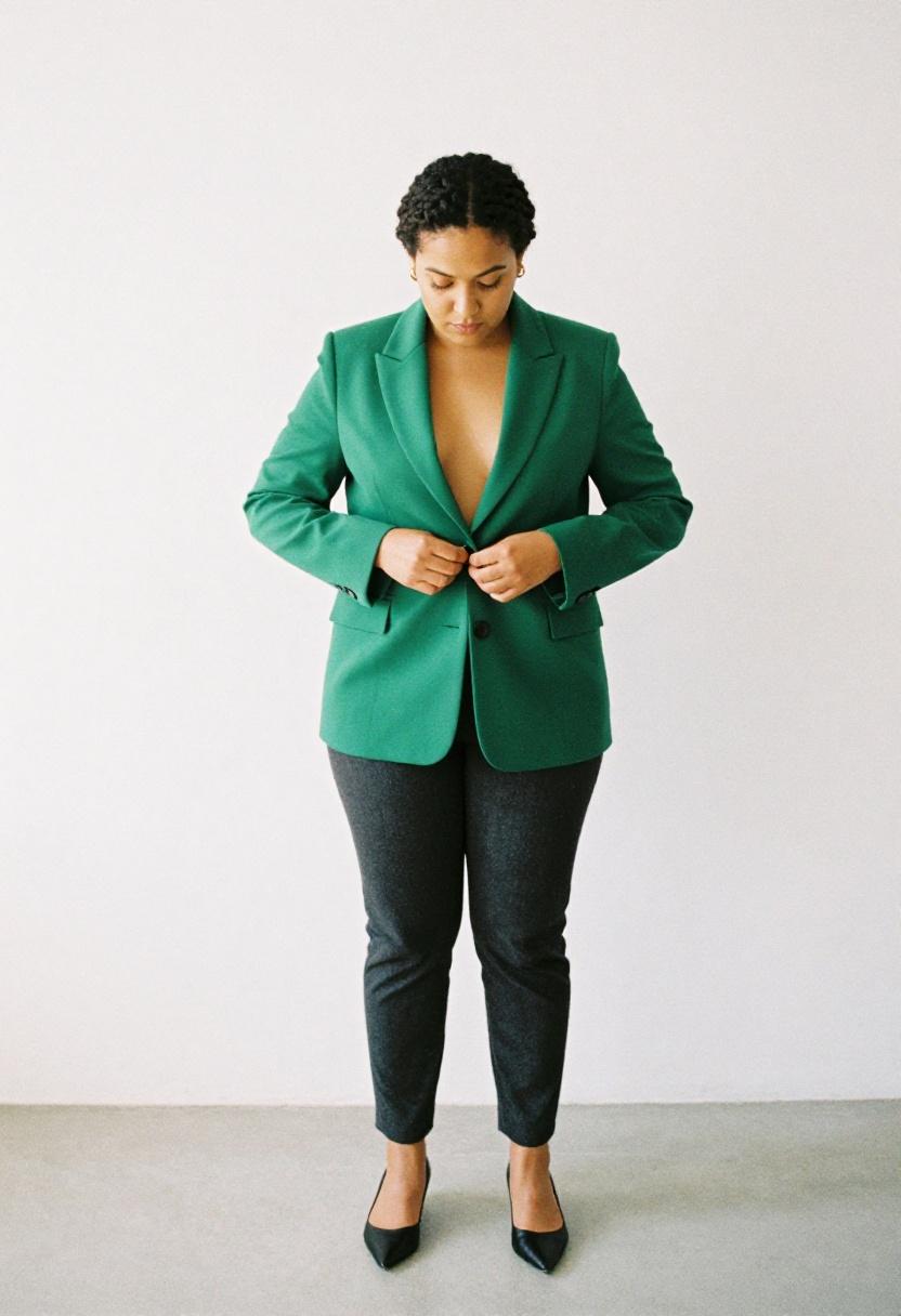 Emerald blazer and tailored charcoal trousers power suit for curvy professionals