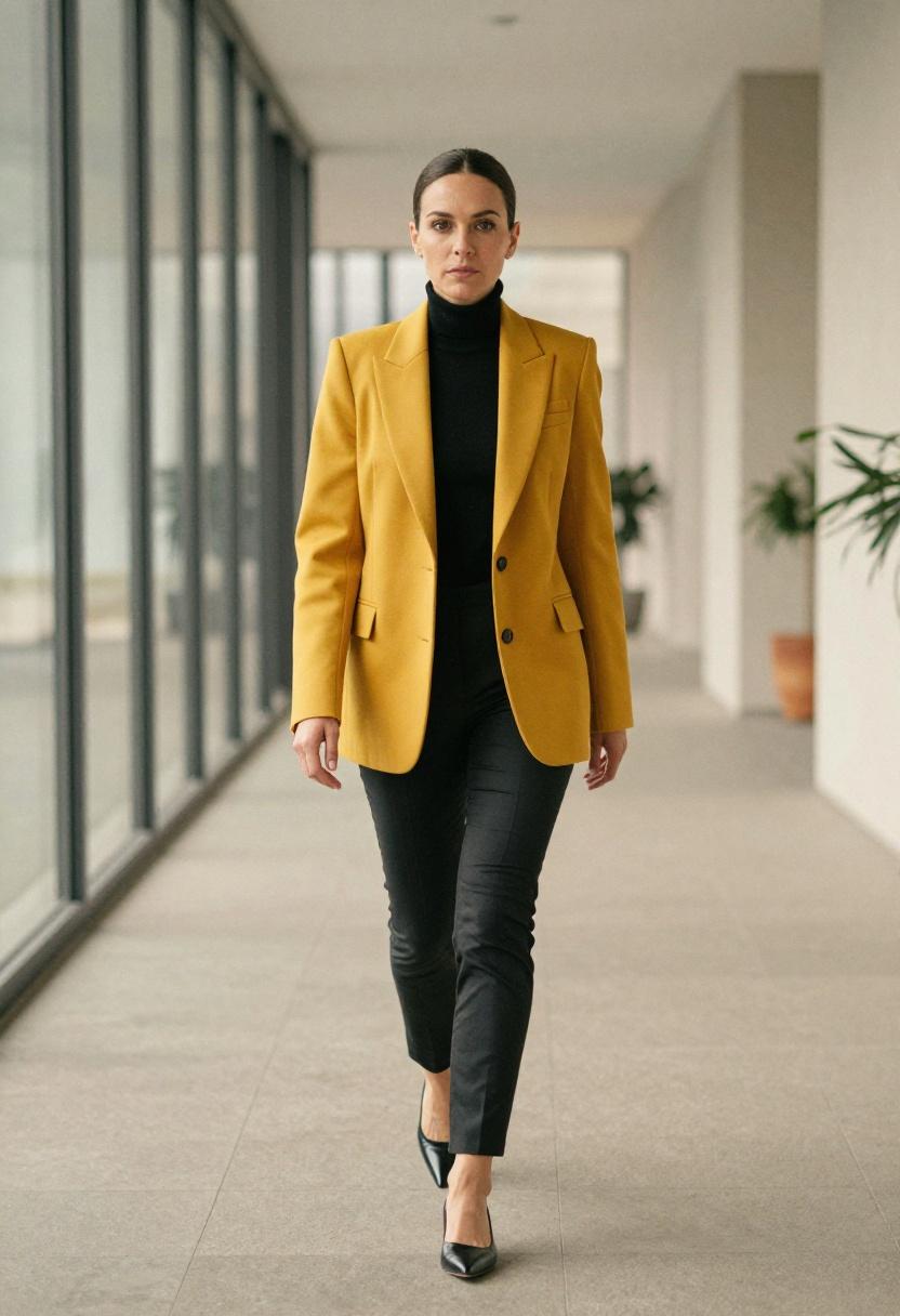 Saffron yellow blazer over black turtleneck with pointed toe flats projecting executive authority