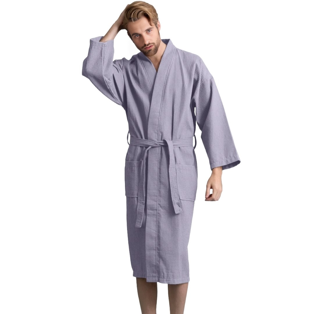 Unisex Men's Waffle Weave Stone Gray Bathrobe (One Size) view 2
