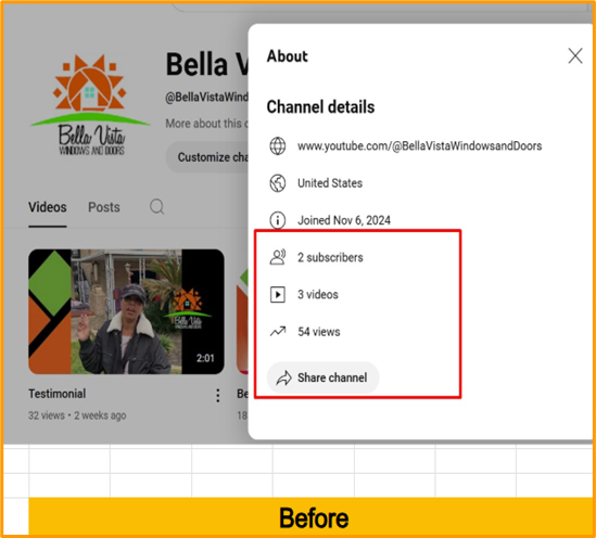 YouTube Dashboard Before