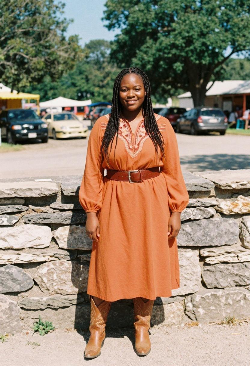 Burnt orange embroidered western midi dress with leather belt for curvy rodeo style