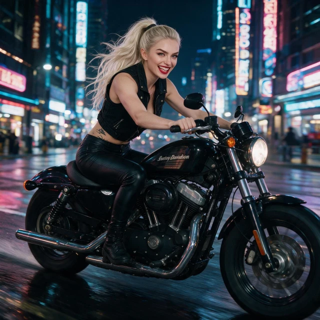 Driving on a Harley Davidson Sporster Motorcycle, smiling fiercely, cyberpunk city during night. She has long curly hair in ponytail, red lipstick, wearing a biker vest and leather trousers.
