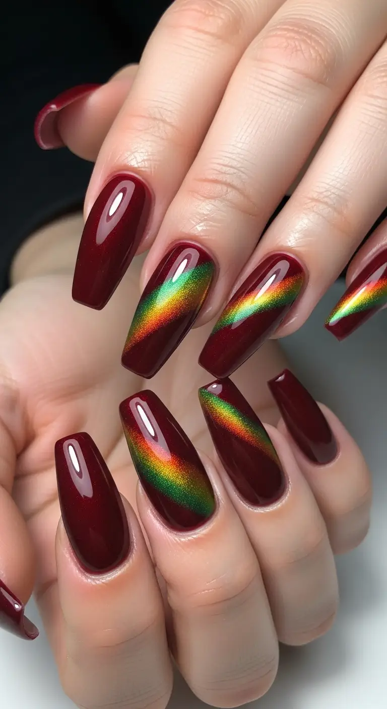 Cherry Red Velvet Cat Eye Coffin Nails