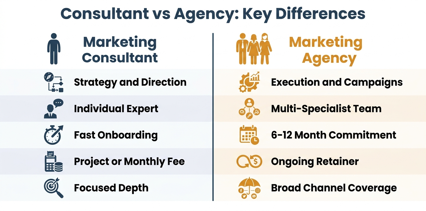 Side-by-side comparison diagram titled 'Consultant vs Agency: Key Differences' with two columns — Marketing Consultant (individual expert, strategy, fast onboarding, flexible fees) vs Marketing Agency (specialist team, execution, 6–12 month commitment, ongoing retainer) — accented in brand navy #274059 and warm amber.