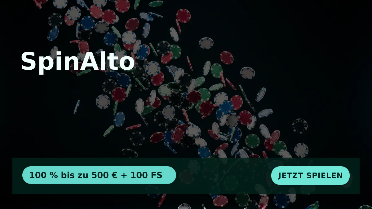 SpinAlto Casino — Willkommensbonus 100 % bis zu 500 € + 100 FS, Zahlungen: Visa, Mastercard, Sofort, Apple Pay, Google Pay